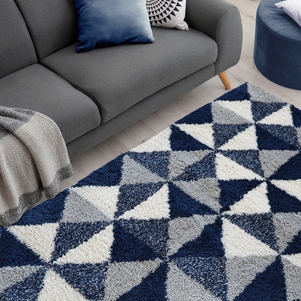 Snug Scandi Shaggy Geometric Rugs in Navy Blue